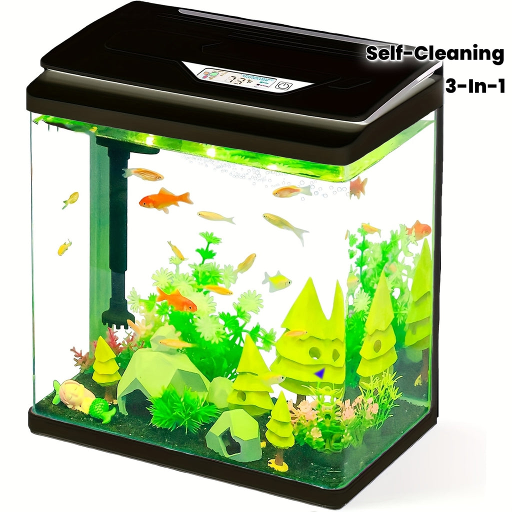 Small Fish Tank Aquarium Kit, HD Glass Betta Fish Tank with 3-in-1 Silent Water Pump Filter System, 3 Gallon Self Cleaning Aquarium Starter Kit with LED Light Suitable for Small Fish Or Shrimp