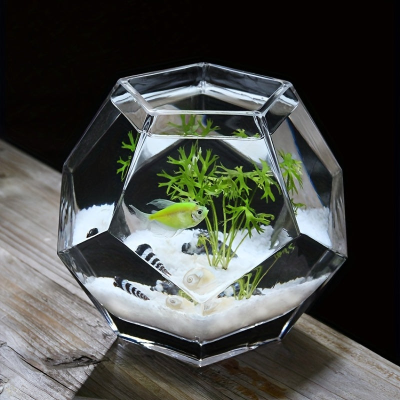 Geometric Hand-Blown Glass Fish Bowl Vase | Creative Tabletop Decorative Accessory | Unique Octagon-Shaped Uncharged Aquarium | Multipurpose Glass Planter for Home Use