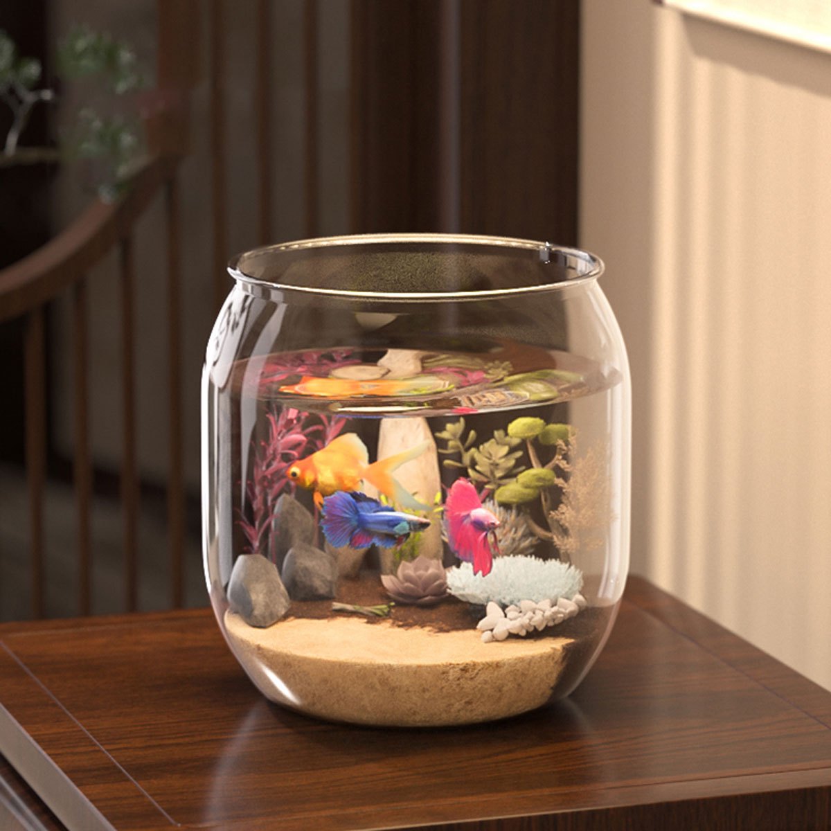 1pc Shatterproof Transparent Acrylic Fish Tank - Large Capacity Round Desktop Aquarium Suitable for Goldfish and Turtles, with Ornamental Plants and Stones, No Electricity Required Tank | Sleek Glossy Design | Natural Aesthetics Style