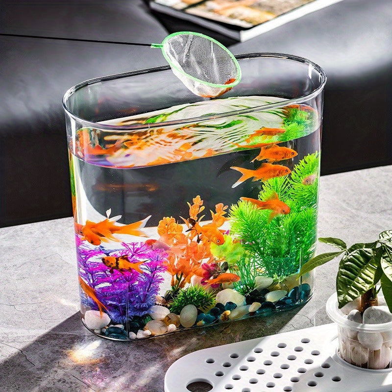 Large Transparent Oval Fish Tank for desktop - Goldfish Bowl with -Shatter PET Aquarium, Easy-Clean Design & Landscape View for home\u002FOffice, Compatible with Goldfish, Shrimp, Guppy (No Required)