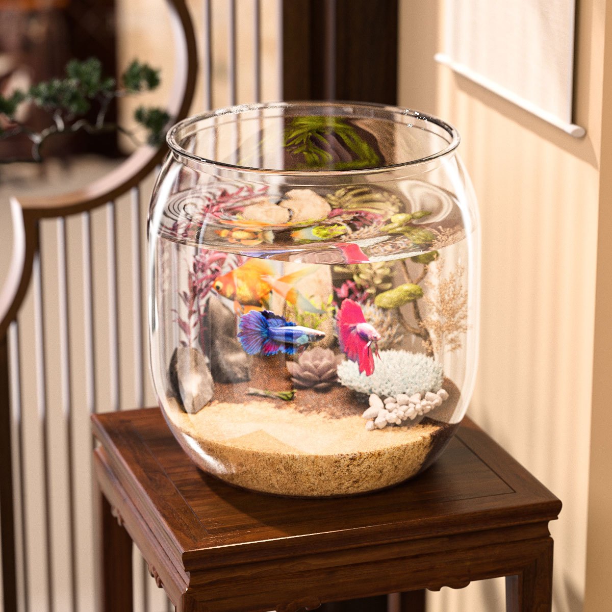 1pc Shatterproof Transparent Acrylic Fish Tank - Large Capacity Round Desktop Aquarium Suitable for Goldfish and Turtles, with Ornamental Plants and Stones, No Electricity Required Tank | Sleek Glossy Design | Natural Aesthetics Style