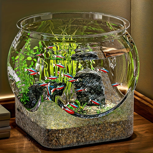 2025 New Model \u002F Sturdy Transparent Round Fish Tank | A Desktop Aquarium That Is Hard to Break And Resistant to Tipping, Suitable for Turtles And Small Fish | Natural Stone Design