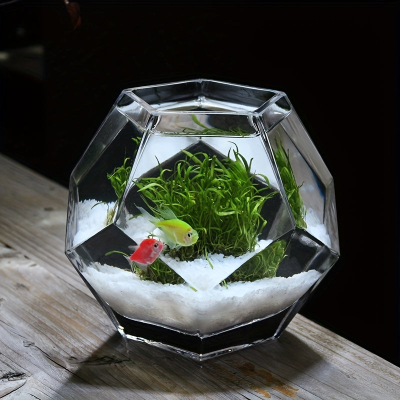 Geometric Hand-Blown Glass Fish Bowl Vase | Creative Tabletop Decorative Accessory | Unique Octagon-Shaped Uncharged Aquarium | Multipurpose Glass Planter for Home Use