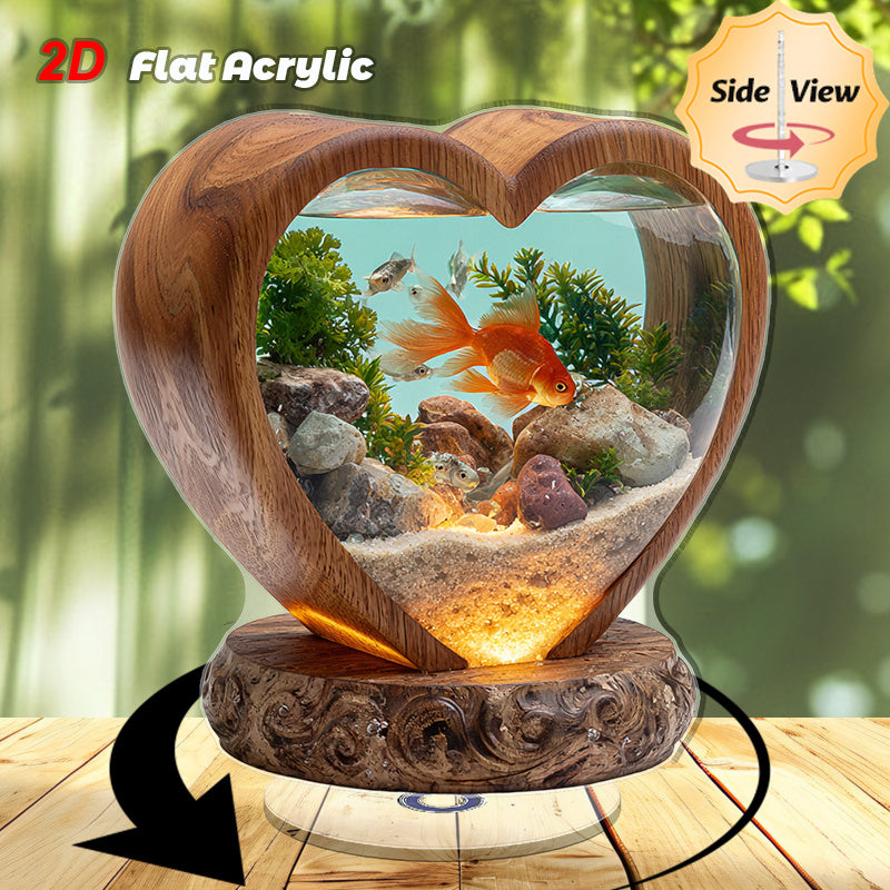 2D Flat, 1pc Rotating Acrylic Desktop Aquarium with Heart-Shaped Fish Tank, Goldfish & Plants - 2D Flat Spinning Pond Suitable for Home, Office, Decor, Space-Saving Fish Tank for Small Spaces, Relaxing Atmosphere Decoration, 2D Flat