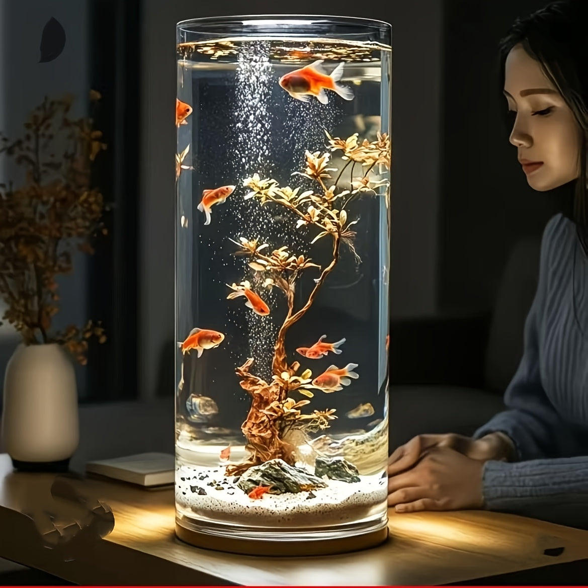 Home Acrylic Fish Tank, Round Cylindrical Goldfish Tank, Shatterproof Small Aquarium