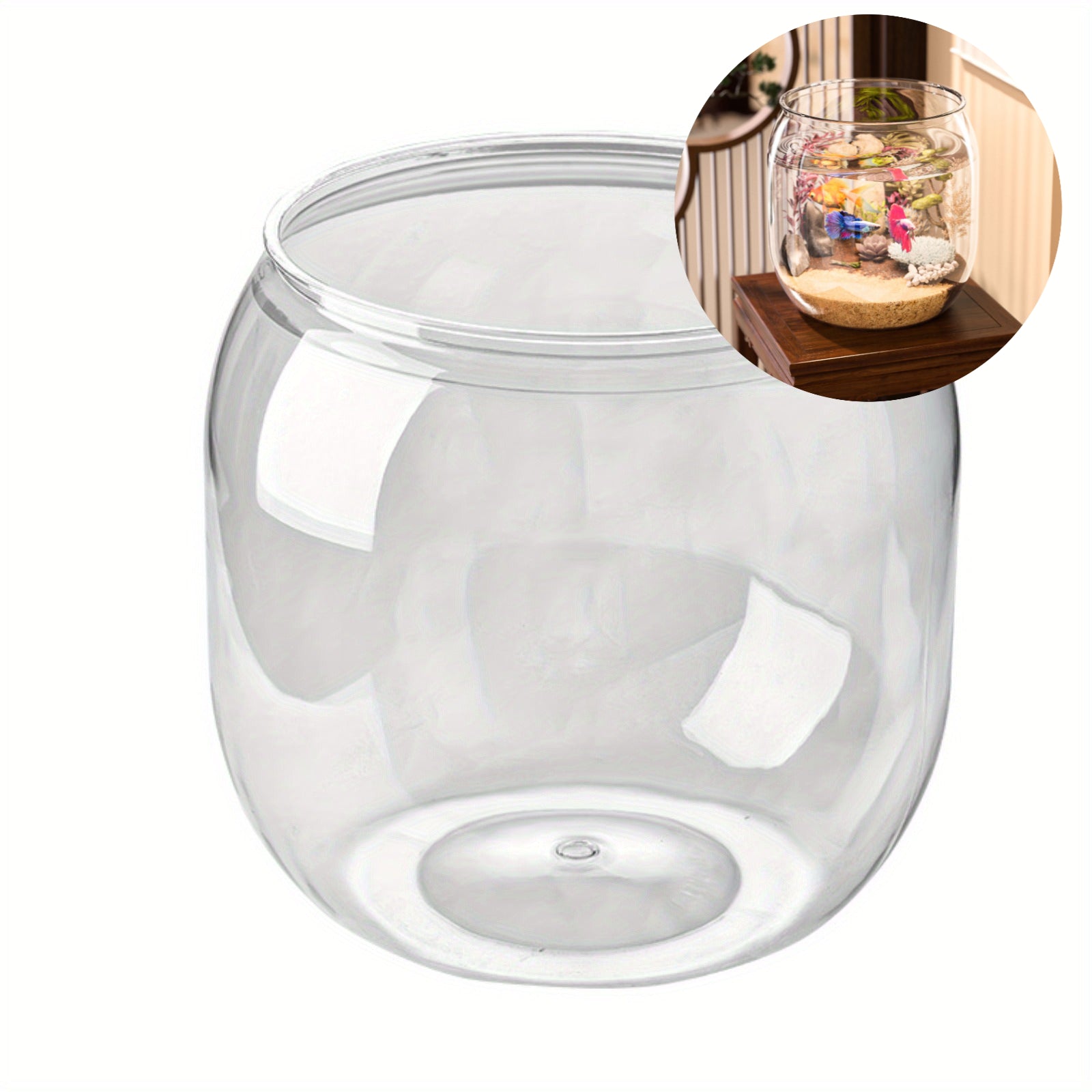 1pc Shatterproof Transparent Acrylic Fish Tank - Large Capacity Round Desktop Aquarium Suitable for Goldfish and Turtles, with Ornamental Plants and Stones, No Electricity Required Tank | Sleek Glossy Design | Natural Aesthetics Style