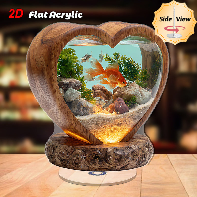 2D Flat, 1pc Rotating Acrylic Desktop Aquarium with Heart-Shaped Fish Tank, Goldfish & Plants - 2D Flat Spinning Pond Suitable for Home, Office, Decor, Space-Saving Fish Tank for Small Spaces, Relaxing Atmosphere Decoration, 2D Flat