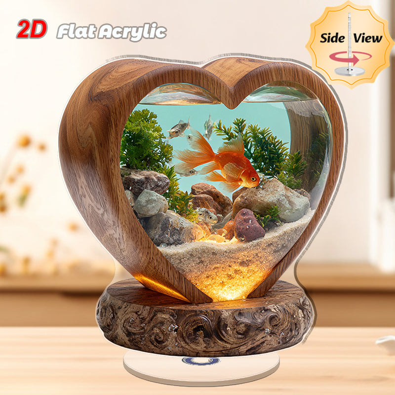 2D Flat, 1pc Rotating Acrylic Desktop Aquarium with Heart-Shaped Fish Tank, Goldfish & Plants - 2D Flat Spinning Pond Suitable for Home, Office, Decor, Space-Saving Fish Tank for Small Spaces, Relaxing Atmosphere Decoration, 2D Flat