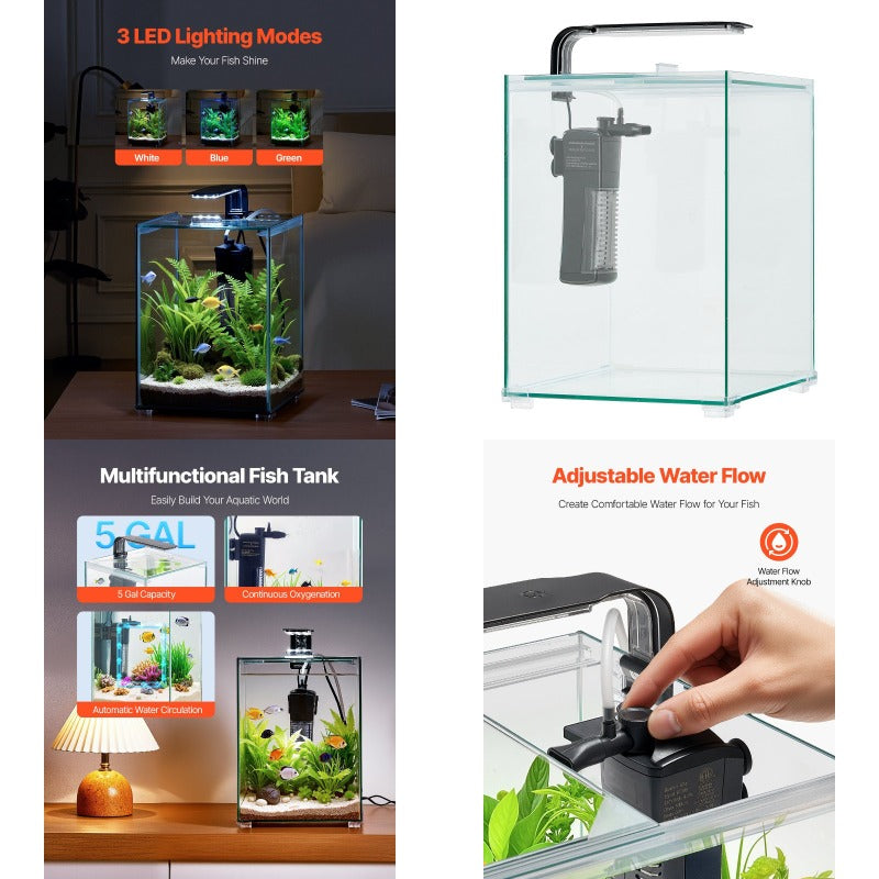 Quality Assurance VEVOR Fish Tank Aquarium 5 Gallon Square Ultra-Clear Glass Starter Smart Tank Adjustable 3 Color Lighting Self Cleaning System Fishbowl for Freshwater and Saltwater Fish Home Office or Pet Use excellent material