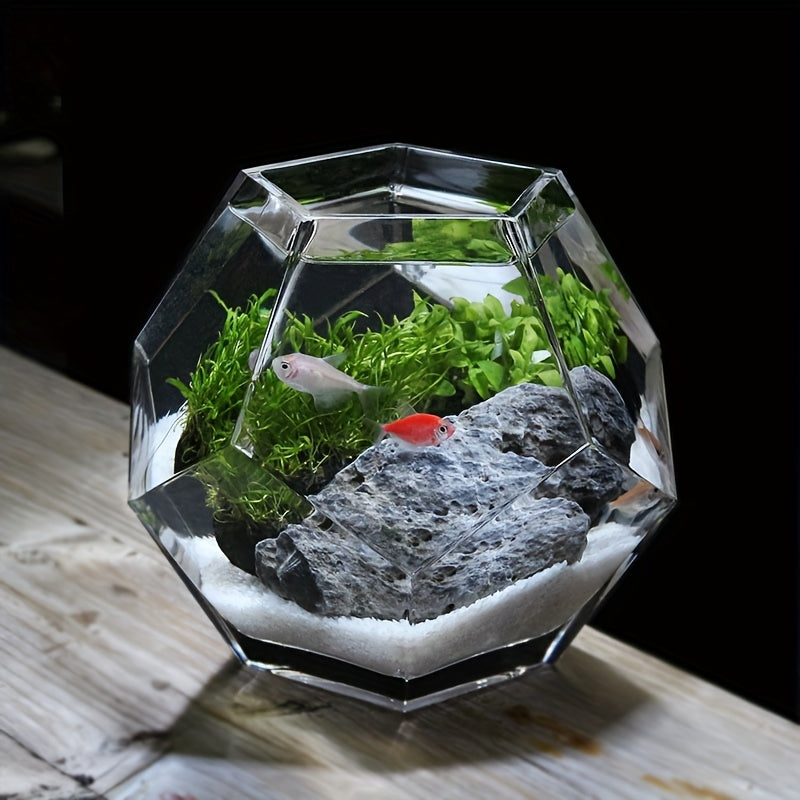 Geometric Hand-Blown Glass Fish Bowl Vase | Creative Tabletop Decorative Accessory | Unique Octagon-Shaped Uncharged Aquarium | Multipurpose Glass Planter for Home Use