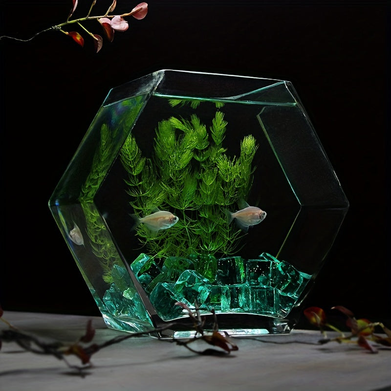 Hexagonal Glass Fish Bowl - Artisanal Hand-Blown High-Clarity Thickened Glass Aquarium with Integrated Design, Uncharged Decorative Home Accessory - Shape: Other, Major Material: Glass