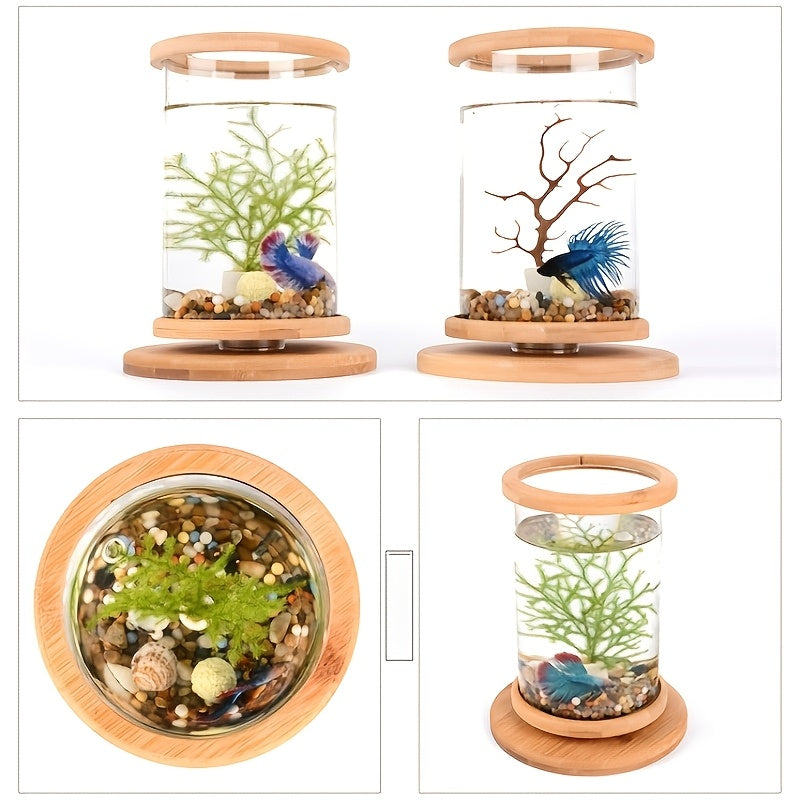 360° Rotating Desktop Zen Aquarium - Bamboo Base Glass Bowl for Marimo Moss Balls, Shrimp & Hydroponic Plants - Relaxing Office Decor & Unique Gift