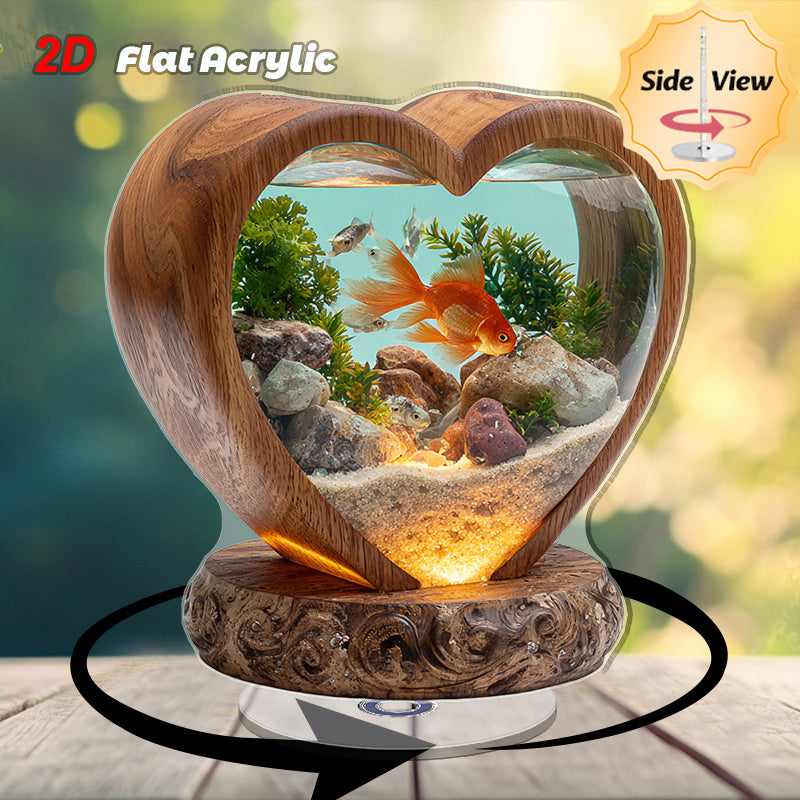 2D Flat, 1pc Rotating Acrylic Desktop Aquarium with Heart-Shaped Fish Tank, Goldfish & Plants - 2D Flat Spinning Pond Suitable for Home, Office, Decor, Space-Saving Fish Tank for Small Spaces, Relaxing Atmosphere Decoration, 2D Flat
