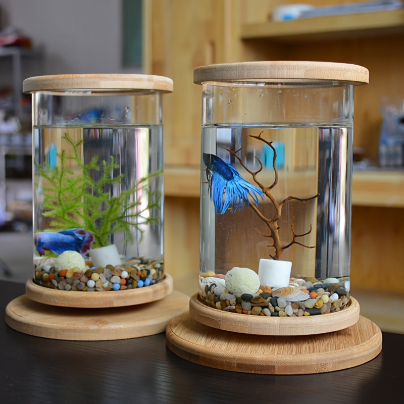 360° Rotating Desktop Zen Aquarium - Bamboo Base Glass Bowl for Marimo Moss Balls, Shrimp & Hydroponic Plants - Relaxing Office Decor & Unique Gift