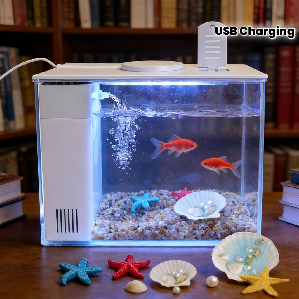 Smart LED Aquarium Kit - Featuring a USB Charging Port And Cleaning Technology, Suitable for Small Fish Tanks in Homes, Bedrooms, And Office Desks, Equipped with a Water Pump, Aquarium Light, And Resin Decorative Ornaments