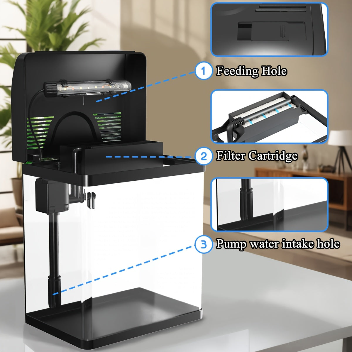 Small Fish Tank Aquarium Kit, HD Glass Betta Fish Tank with 3-in-1 Silent Water Pump Filter System, 3 Gallon Self Cleaning Aquarium Starter Kit with LED Light Suitable for Small Fish Or Shrimp