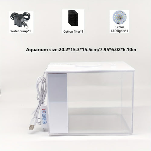 1 Mini Desktop Aquarium • Equipped with LED Lights, Water Pump, Filter Pad • Smart Desktop Mini Fish Tank • Acrylic Transparent Aquarium Set • Suitable for Desktop Decoration in Rooms, Living Rooms and Offices • Essential Item for Aquarium Enthusiasts