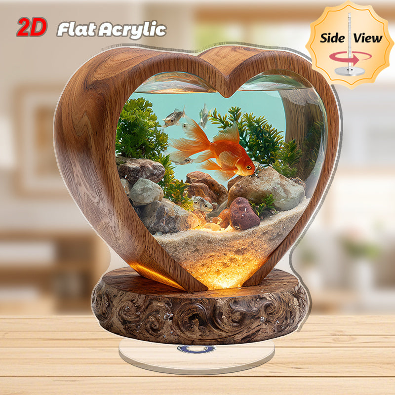 2D Flat, 1pc Rotating Acrylic Desktop Aquarium with Heart-Shaped Fish Tank, Goldfish & Plants - 2D Flat Spinning Pond Suitable for Home, Office, Decor, Space-Saving Fish Tank for Small Spaces, Relaxing Atmosphere Decoration, 2D Flat