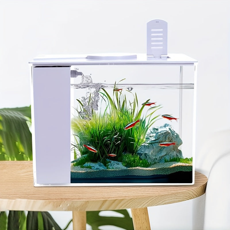 Fish Tank, Ecological Tank, Rectangular Plastic Acrylic Desktop Goldfish, Guppy, Turtle Tank, No Water Change Required, Living Room, Office, Small Household, with Color-changing LED Light Strip, Water Pump, Complete Filtration System