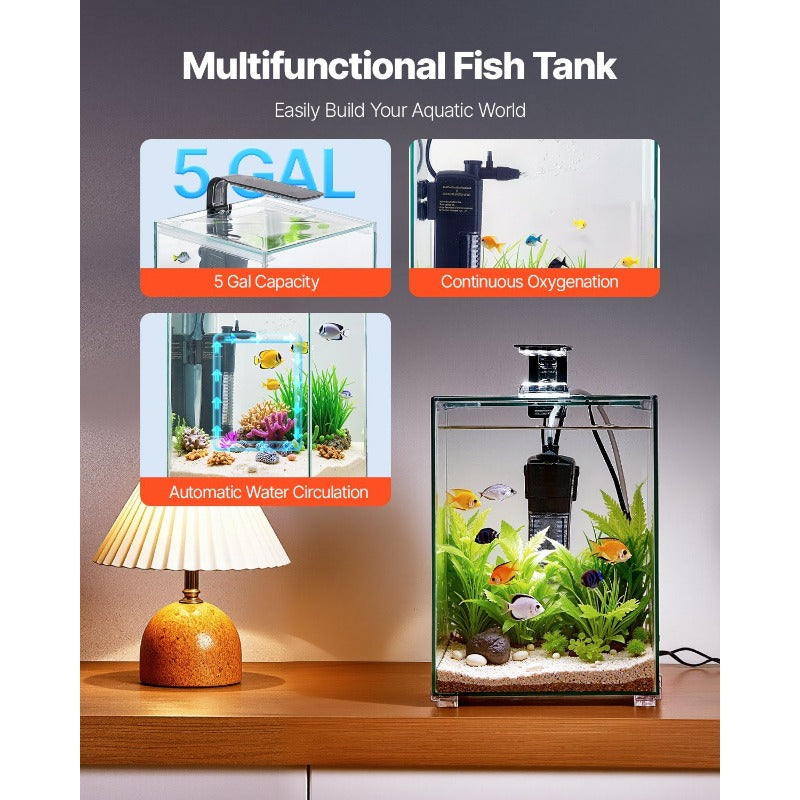 Quality Assurance VEVOR Fish Tank Aquarium 5 Gallon Square Ultra-Clear Glass Starter Smart Tank Adjustable 3 Color Lighting Self Cleaning System Fishbowl for Freshwater and Saltwater Fish Home Office or Pet Use excellent material