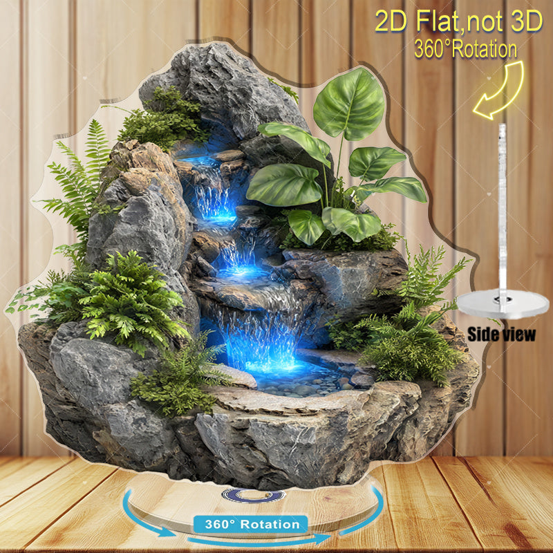 2D Flat - 2D Planar Wave Bohemian Rotating Waterfall Fish Tank - a 2D Wall Decoration Featuring Blue Flowing And Gray Rocks, Comes with an Outdoor\u002FPlastic Fish Tank, Suitable for Home Decor, Requires No Maintenance