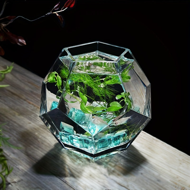 Geometric Hand-Blown Glass Fish Bowl Vase | Creative Tabletop Decorative Accessory | Unique Octagon-Shaped Uncharged Aquarium | Multipurpose Glass Planter for Home Use
