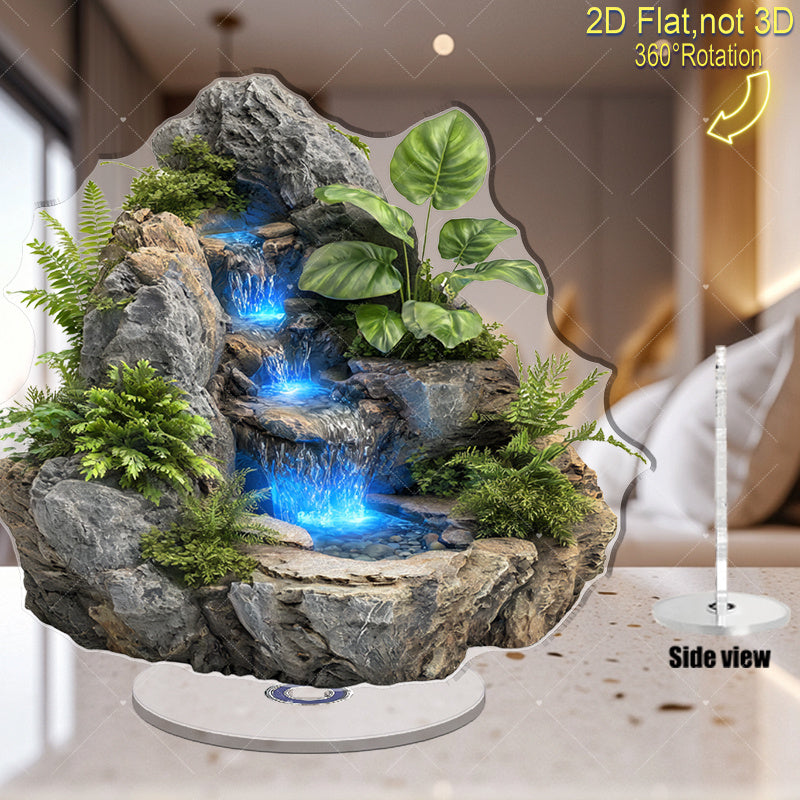 2D Flat - 2D Planar Wave Bohemian Rotating Waterfall Fish Tank - a 2D Wall Decoration Featuring Blue Flowing And Gray Rocks, Comes with an Outdoor\u002FPlastic Fish Tank, Suitable for Home Decor, Requires No Maintenance