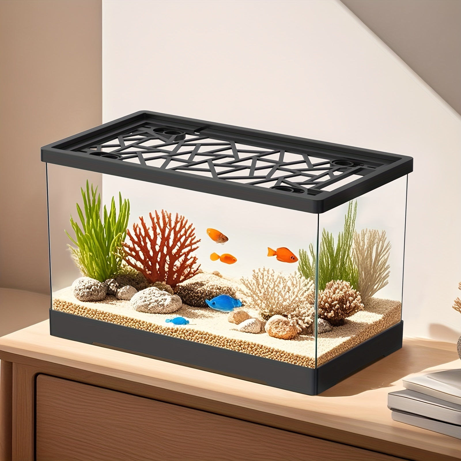 Aquarium Fish Tank Set, Includes a Covered Transparent Square Fish Tank, Fishing Net, Artificial Aquatic Plants, And Colorful Stones, Suitable for Keeping Goldfish, Bettas, Shrimp, Turtles, Hermit Crabs, And Aquatic Plants