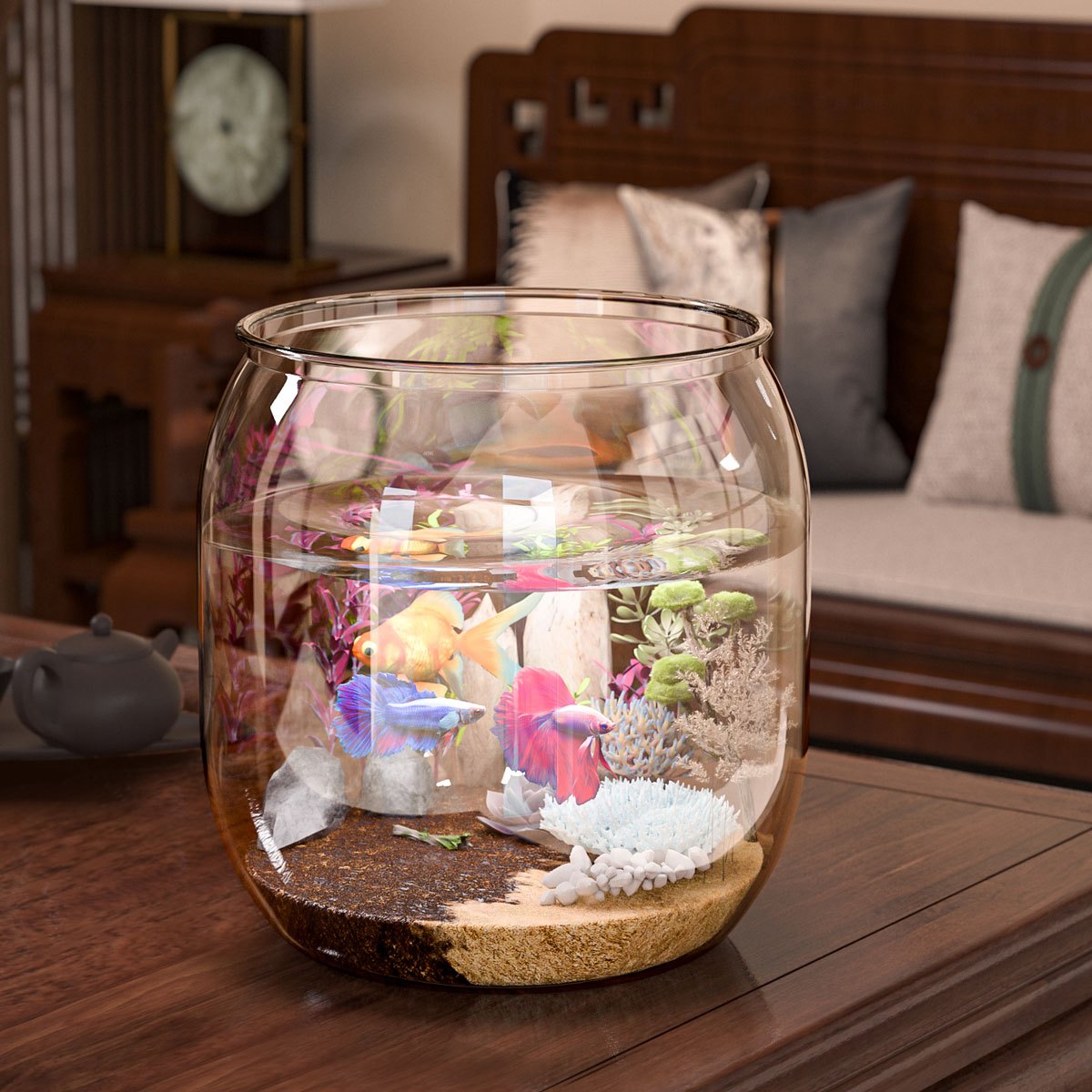 1pc Shatterproof Transparent Acrylic Fish Tank - Large Capacity Round Desktop Aquarium Suitable for Goldfish and Turtles, with Ornamental Plants and Stones, No Electricity Required Tank | Sleek Glossy Design | Natural Aesthetics Style