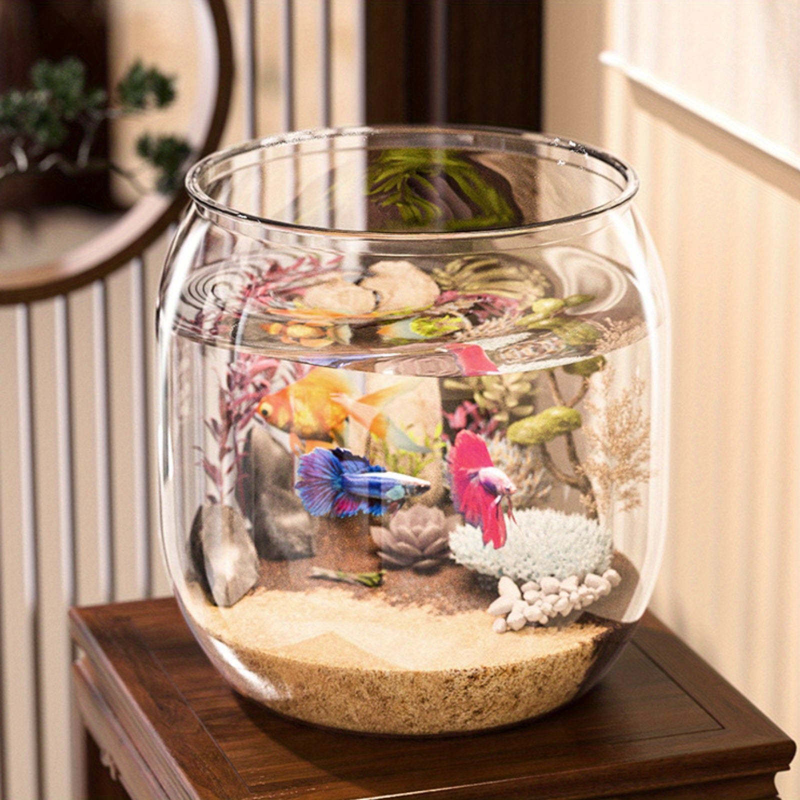 1pc Shatterproof Transparent Acrylic Fish Tank - Large Capacity Round Desktop Aquarium Suitable for Goldfish and Turtles, with Ornamental Plants and Stones, No Electricity Required Tank | Sleek Glossy Design | Natural Aesthetics Style