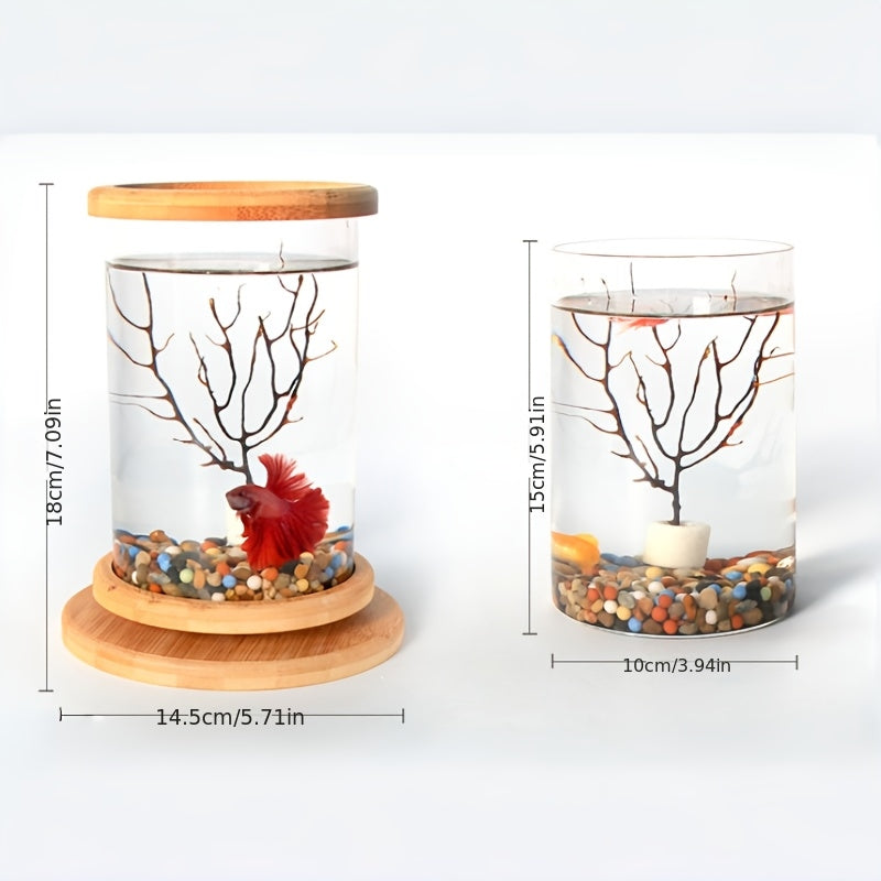360° Rotating Desktop Zen Aquarium - Bamboo Base Glass Bowl for Marimo Moss Balls, Shrimp & Hydroponic Plants - Relaxing Office Decor & Unique Gift
