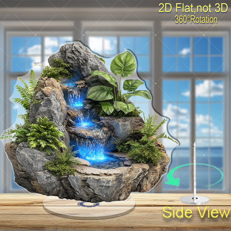 2D Flat - 2D Planar Wave Bohemian Rotating Waterfall Fish Tank - a 2D Wall Decoration Featuring Blue Flowing And Gray Rocks, Comes with an Outdoor\u002FPlastic Fish Tank, Suitable for Home Decor, Requires No Maintenance