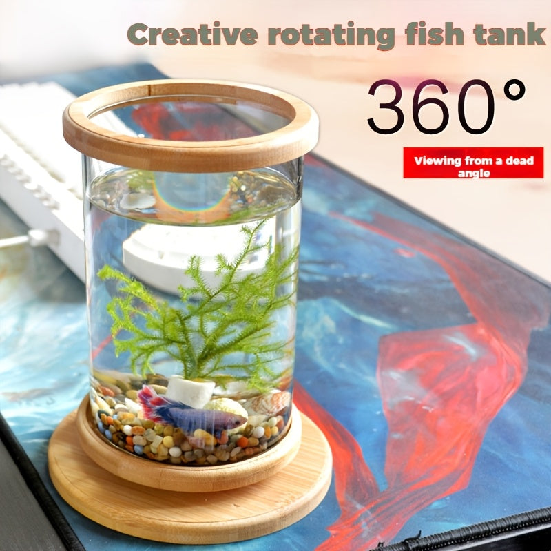 360° Rotating Desktop Zen Aquarium - Bamboo Base Glass Bowl for Marimo Moss Balls, Shrimp & Hydroponic Plants - Relaxing Office Decor & Unique Gift