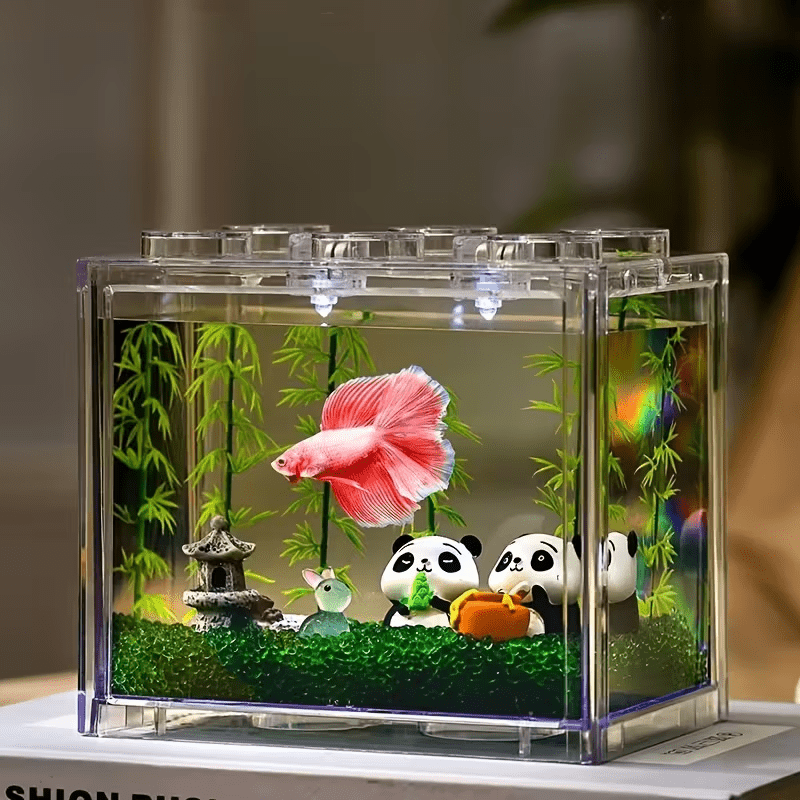 1pc Mini Crystal Fish Tank | Square Acrylic Small Fish Tank with Lid, Transparent Decorative Landscape and Building Blocks, No Power Required, Compact Home Decoration and Pet Care Additions