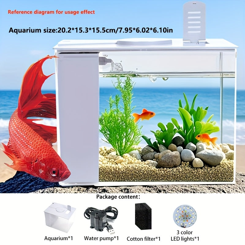 1 Mini Desktop Aquarium • Equipped with LED Lights, Water Pump, Filter Pad • Smart Desktop Mini Fish Tank • Acrylic Transparent Aquarium Set • Suitable for Desktop Decoration in Rooms, Living Rooms and Offices • Essential Item for Aquarium Enthusiasts