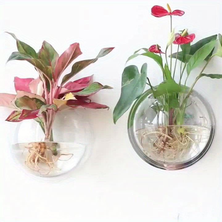 1pc Wall-Mounted Round Planter with Transparent Design, - Transparent Plastic with Dual-Purpose for Hydroponic Greenery & Small Fish Tank, Indoor\u002FOutdoor Decorative Bonsai Stand, Hydroponic System | Contemporary Decor | Clear Plastic Vase