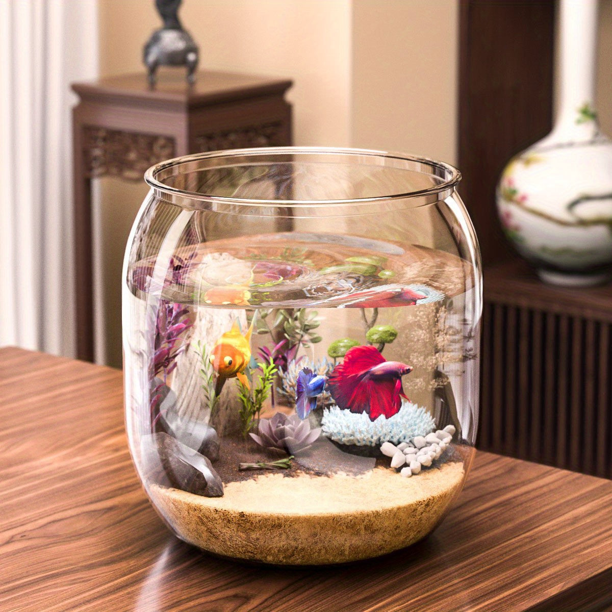 1pc Shatterproof Transparent Acrylic Fish Tank - Large Capacity Round Desktop Aquarium Suitable for Goldfish and Turtles, with Ornamental Plants and Stones, No Electricity Required Tank | Sleek Glossy Design | Natural Aesthetics Style