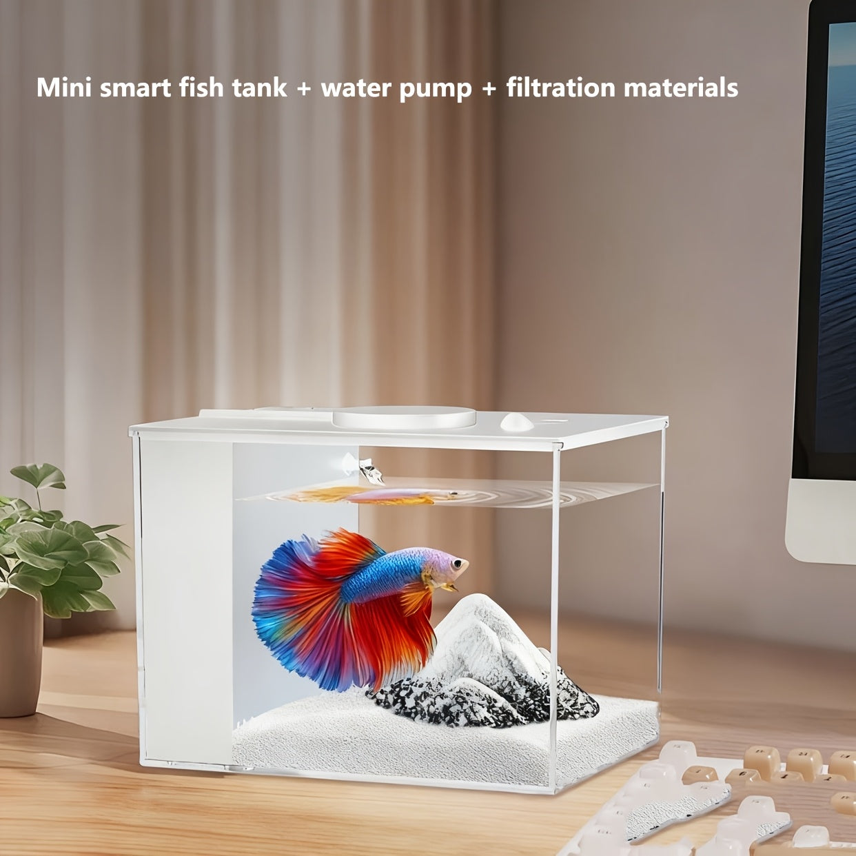 1 Mini Desktop Aquarium • Equipped with LED Lights, Water Pump, Filter Pad • Smart Desktop Mini Fish Tank • Acrylic Transparent Aquarium Set • Suitable for Desktop Decoration in Rooms, Living Rooms and Offices • Essential Item for Aquarium Enthusiasts