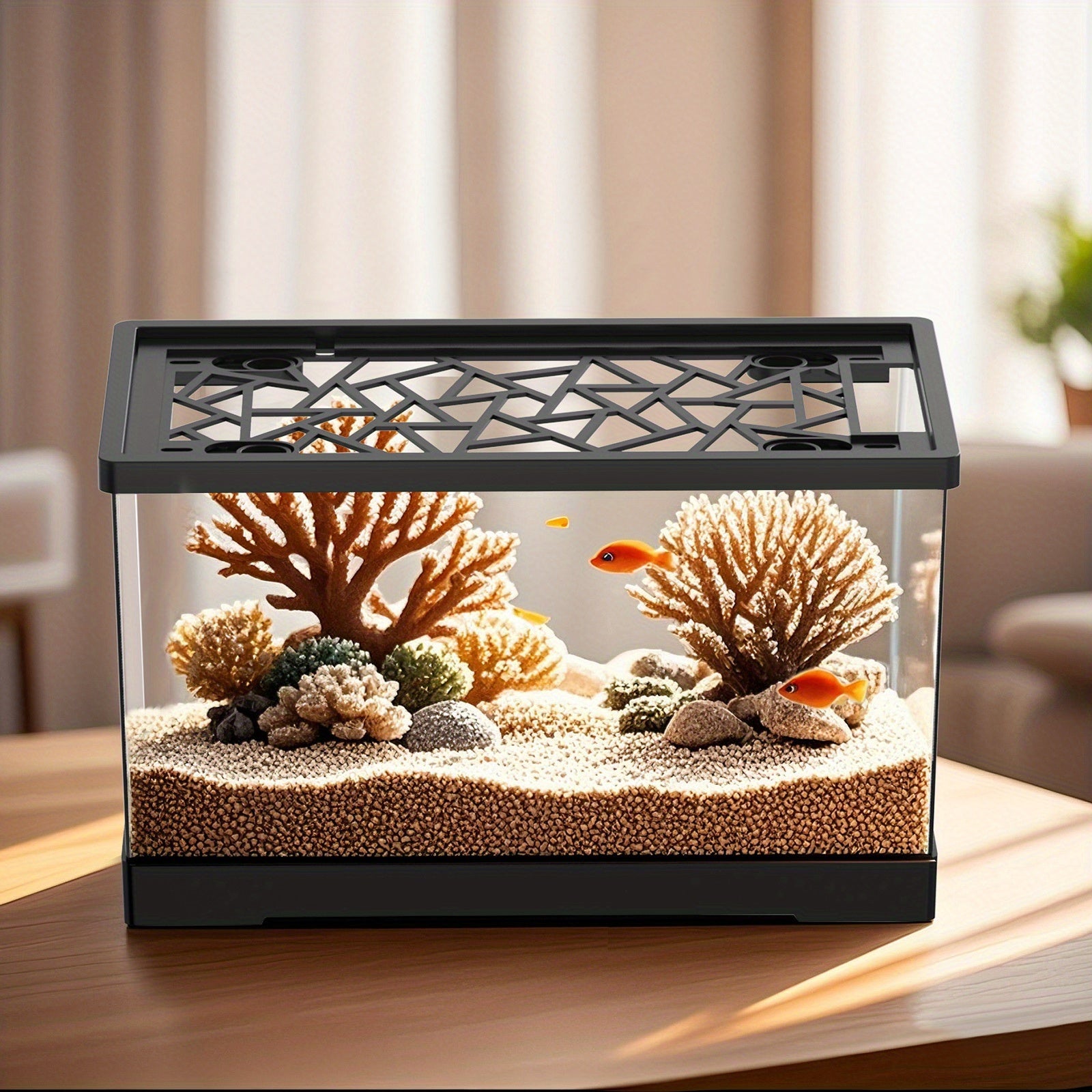 Aquarium Fish Tank Set, Includes a Covered Transparent Square Fish Tank, Fishing Net, Artificial Aquatic Plants, And Colorful Stones, Suitable for Keeping Goldfish, Bettas, Shrimp, Turtles, Hermit Crabs, And Aquatic Plants