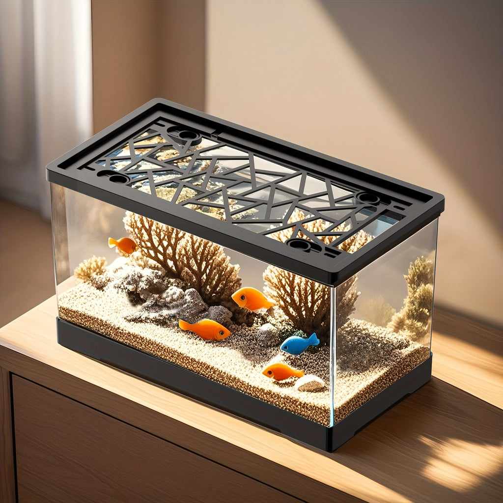 Aquarium Fish Tank Set, Includes a Covered Transparent Square Fish Tank, Fishing Net, Artificial Aquatic Plants, And Colorful Stones, Suitable for Keeping Goldfish, Bettas, Shrimp, Turtles, Hermit Crabs, And Aquatic Plants