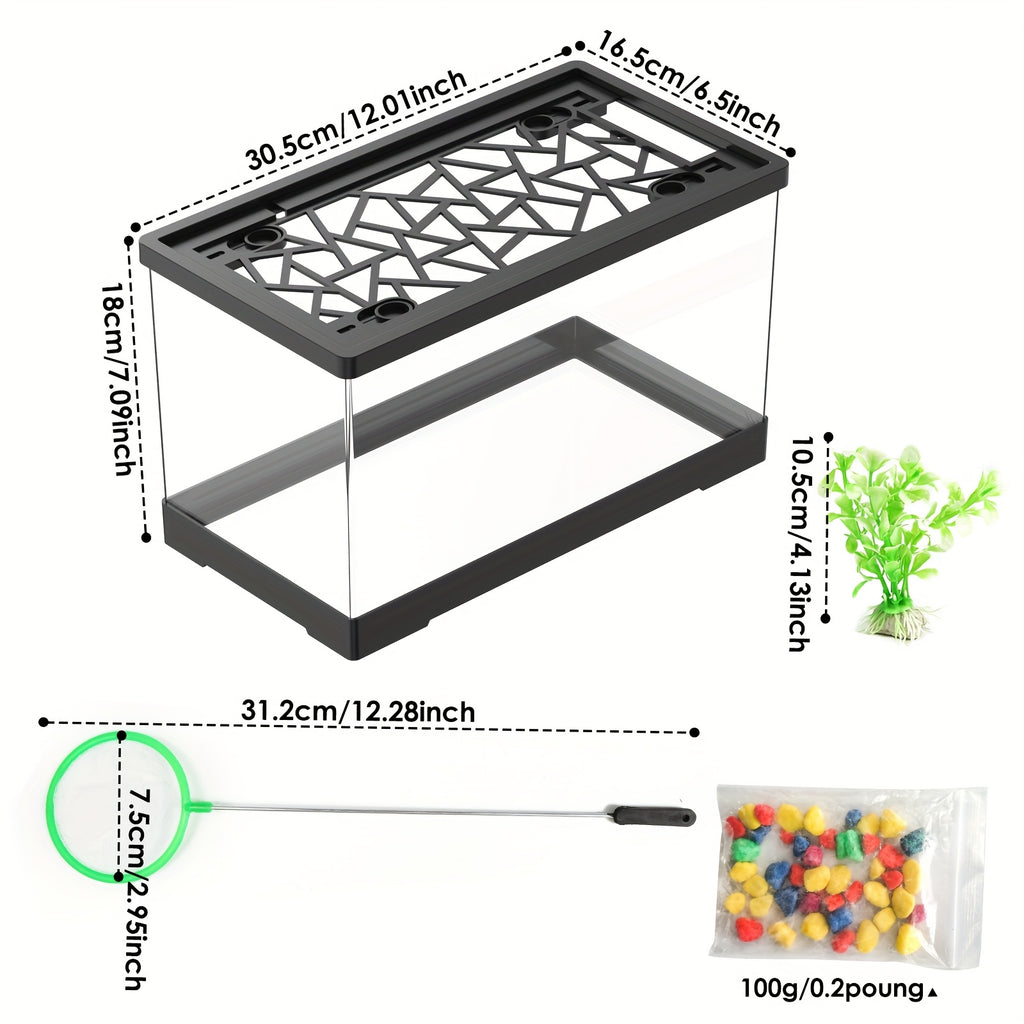 Aquarium Fish Tank Set, Includes a Covered Transparent Square Fish Tank, Fishing Net, Artificial Aquatic Plants, And Colorful Stones, Suitable for Keeping Goldfish, Bettas, Shrimp, Turtles, Hermit Crabs, And Aquatic Plants