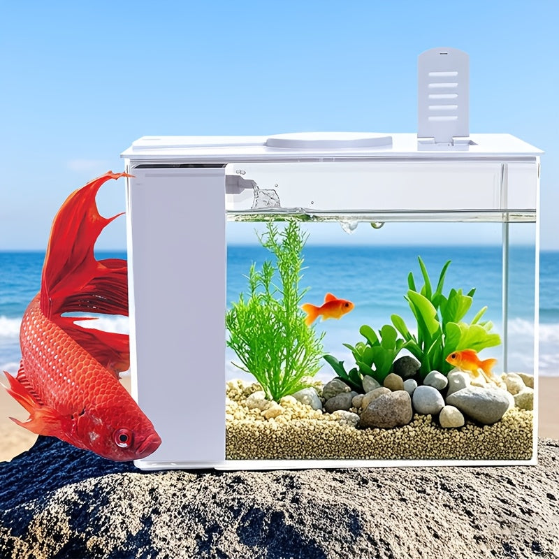 Fish Tank, Ecological Tank, Rectangular Plastic Acrylic Desktop Goldfish, Guppy, Turtle Tank, No Water Change Required, Living Room, Office, Small Household, with Color-changing LED Light Strip, Water Pump, Complete Filtration System