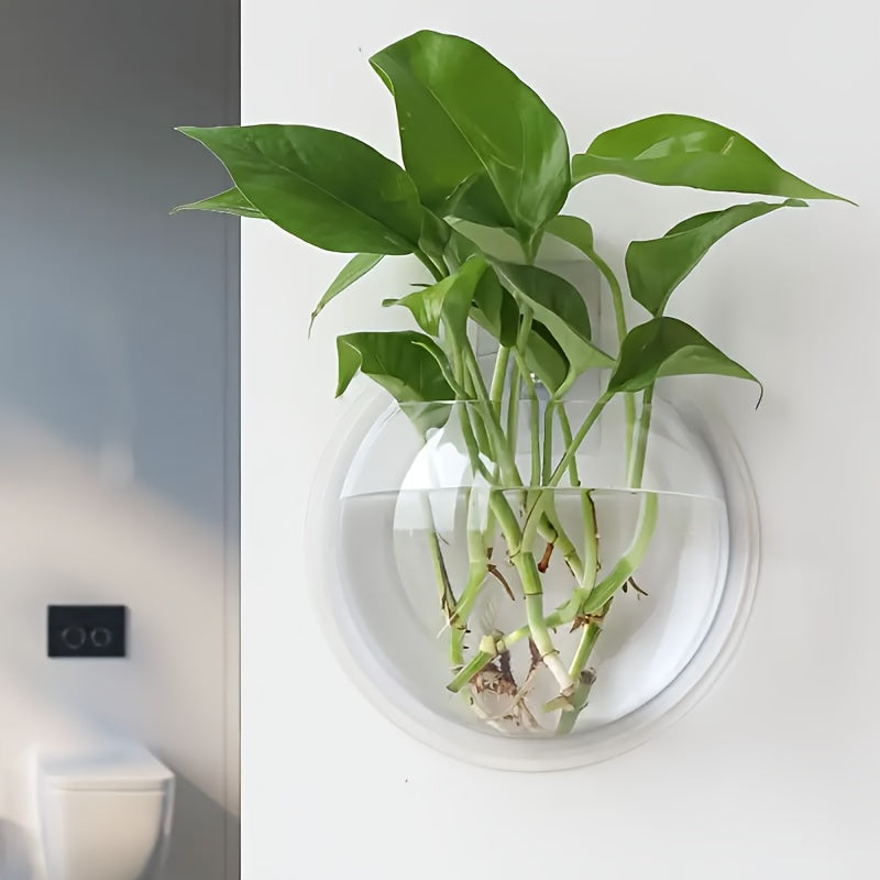 1pc Wall-Mounted Round Planter with Transparent Design, - Transparent Plastic with Dual-Purpose for Hydroponic Greenery & Small Fish Tank, Indoor\u002FOutdoor Decorative Bonsai Stand, Hydroponic System | Contemporary Decor | Clear Plastic Vase