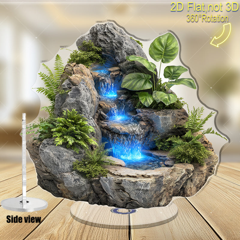 2D Flat - 2D Planar Wave Bohemian Rotating Waterfall Fish Tank - a 2D Wall Decoration Featuring Blue Flowing And Gray Rocks, Comes with an Outdoor\u002FPlastic Fish Tank, Suitable for Home Decor, Requires No Maintenance