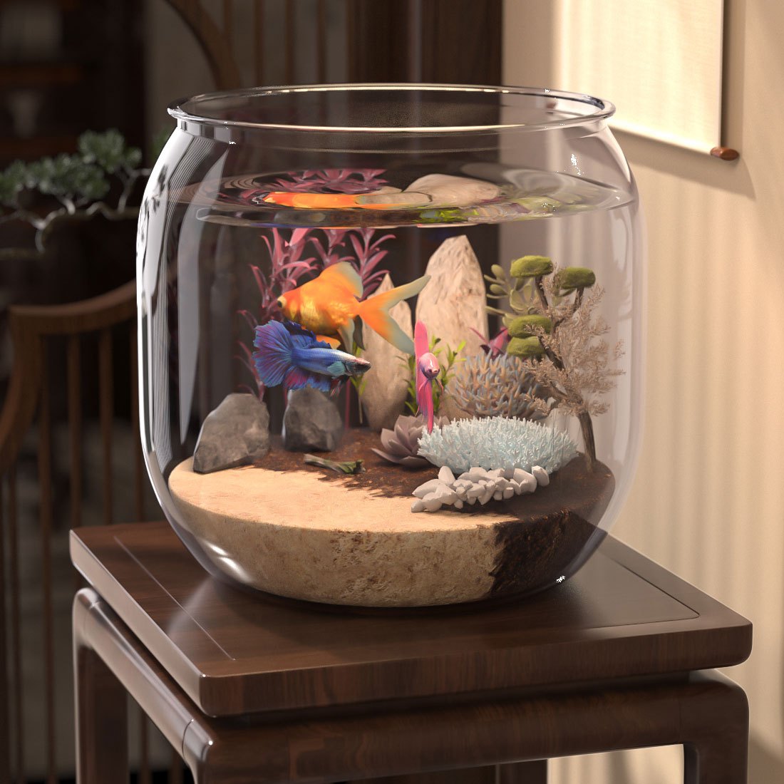 1pc Shatterproof Transparent Acrylic Fish Tank - Large Capacity Round Desktop Aquarium Suitable for Goldfish and Turtles, with Ornamental Plants and Stones, No Electricity Required Tank | Sleek Glossy Design | Natural Aesthetics Style
