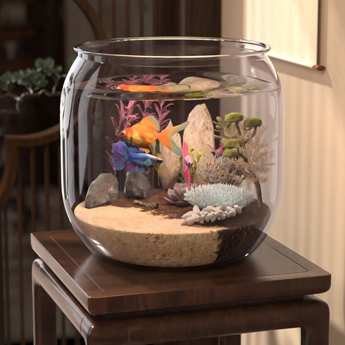 1pc Shatterproof Transparent Acrylic Fish Tank - Large Capacity Round Desktop Aquarium Suitable for Goldfish and Turtles, with Ornamental Plants and Stones, No Electricity Required Tank | Sleek Glossy Design | Natural Aesthetics Style
