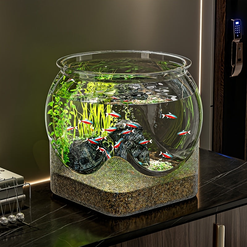 2025 New Model \u002F Sturdy Transparent Round Fish Tank | A Desktop Aquarium That Is Hard to Break And Resistant to Tipping, Suitable for Turtles And Small Fish | Natural Stone Design