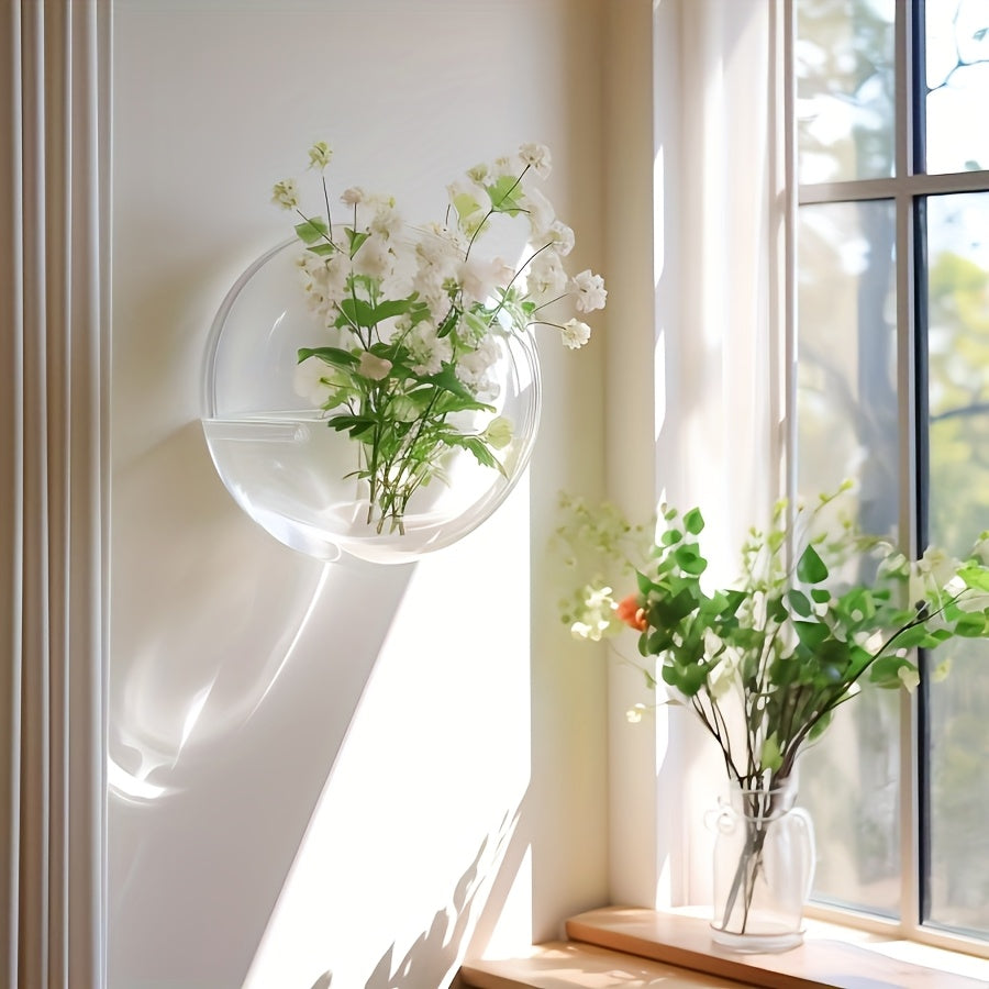 1pc Wall-Mounted Round Planter with Transparent Design, - Transparent Plastic with Dual-Purpose for Hydroponic Greenery & Small Fish Tank, Indoor\u002FOutdoor Decorative Bonsai Stand, Hydroponic System | Contemporary Decor | Clear Plastic Vase