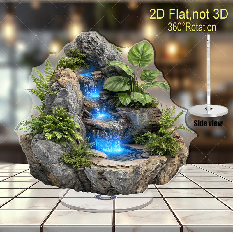 2D Flat - 2D Planar Wave Bohemian Rotating Waterfall Fish Tank - a 2D Wall Decoration Featuring Blue Flowing And Gray Rocks, Comes with an Outdoor\u002FPlastic Fish Tank, Suitable for Home Decor, Requires No Maintenance