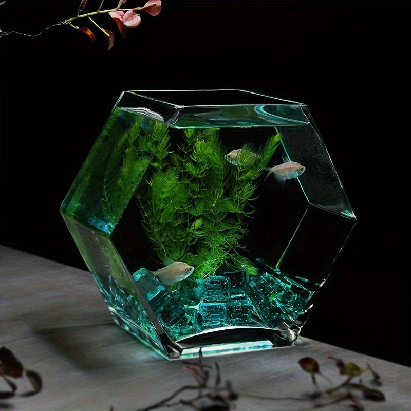 Hexagonal Glass Fish Bowl - Artisanal Hand-Blown High-Clarity Thickened Glass Aquarium with Integrated Design, Uncharged Decorative Home Accessory - Shape: Other, Major Material: Glass